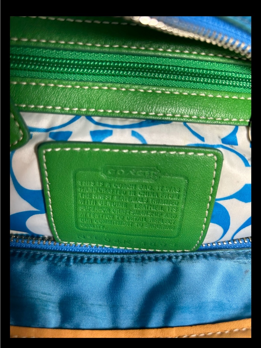 Coach Mini Satin-Nylon Tote Bag-Ocean Blue/Grass Green Leather-2004 Style: #1893 - Picture 11 of 14